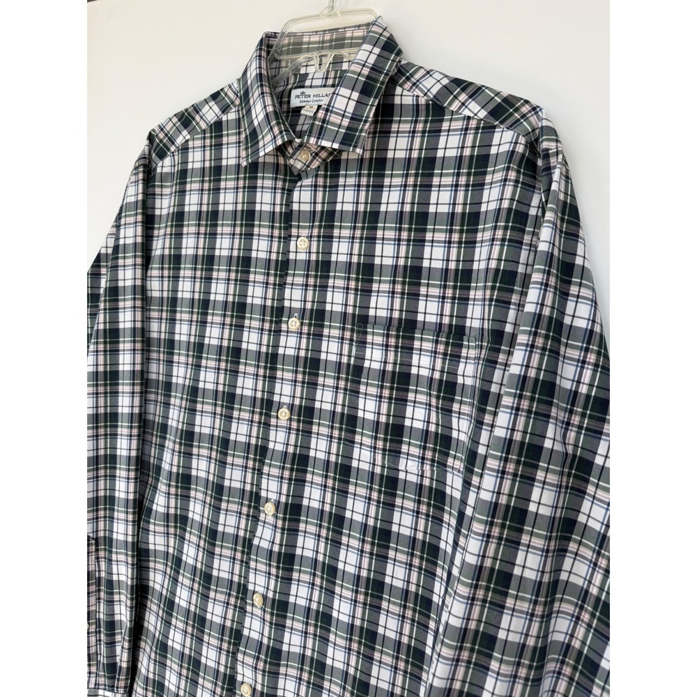 Peter Millar Summer Comfort Mens M Performance‎ Plaid Shirt Green Blue Stretch